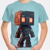Resim Erkek Çocuklar İçin 3D Mavi & Kırmızı Göz Metalik Küp Karakter Baskılı Kısa Kollu Tişört - %100 Polyester Örme Kumaş, Hafif Esnek, Makinede Yıkanabilir Yazlık Üst, 12 Yaş Altı Çocuk Tişörtü, Rahat Çocuk Giyim, Genç Modası, Polyester Kumaş 