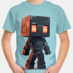 Resim Erkek Çocuklar İçin 3D Mavi & Kırmızı Göz Metalik Küp Karakter Baskılı Kısa Kollu Tişört - %100 Polyester Örme Kumaş, Hafif Esnek, Makinede Yıkanabilir Yazlık Üst, 12 Yaş Altı Çocuk Tişörtü, Rahat Çocuk Giyim, Genç Modası, Polyester Kumaş 