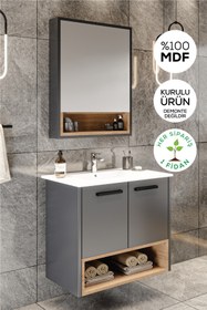 Resim BALNEOM Banyo Karanfil 80 Cm Demonte Antrasit Lavabolu Banyo Dolabı Ayna Lavabo 