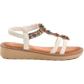 Resim Beyaz Hakiki Deri Taş İşlemeli Kadın Sandalet 9634 Z Beyaz 