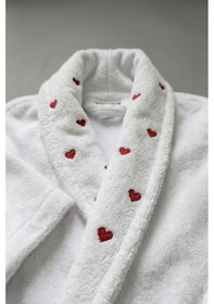 Resim %100 Pamuk Beyaz Bornoz, Kalp Nakışlı - Şalyaka Otel Bornozu, Spa Için Ideal, Günlük Kullanıma Uygun Beyaz 