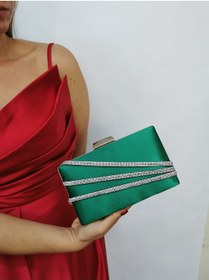 Resim NAZART Kadın Saten Taşlı Yeşil Abiye Çanta Clutch Portföy Gece Çantası 