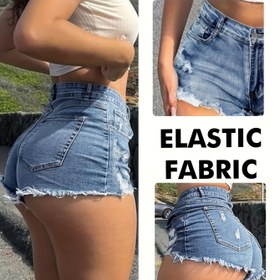 Resim Kadınlar için Yüksek Bel Esnek Yırtık Mini Kot Şortlar - Seksi Yırtık Jean Sıcak Pantolonlar, Açık Yıkama, Yazlık Günlük Giyim, Jean Şortlar 