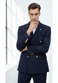 Resim Plus Scorpion Gold Düğmeli Kruvaze Erkek Blazer Ceket Premium Kumaş, Slim Fit Şıklık Koyu Lacivert 