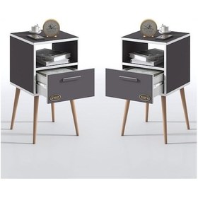 Resim Kenzlife Komodin Budurgan Gri 2 Li Set 74 39 39 Ahşap Ayaklı Raflı Çekmeceli Komidin Kitaplık 