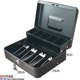 Resim Saypos TK45 Taşıma Kulplu Metal Para Kasası 4 Banknot 5 Bozuk Para Gözlü Arka Ek Hazneli 30x24x9 CM 