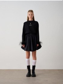 Resim Kız Çocuk Kol Ucu Tüylü Tasarım Sweatshirt-14784 Siyah 
