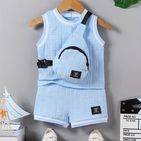 Resim 3 adet Erkek Yaz Yeni Kabartmalı Yaka Dokulu Katı Renk Küçük Yele ve Şort ve Çapraz Çanta Rahat Moda Seti, Dış Mekanlar İçin 