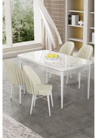 Resim Canisa Gale Serisi 80x132 Açılabilir Lak Panel Beyaz Mermer Desen Mutfak Masa Takımı 4 Krem Sandalye Masa Beyaz Mermer Desenli Sandalyeler Krem 