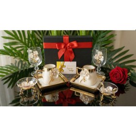 Resim Özel Hediye Kahve Fincanı Seti İnci Çiçek Detaylı 2 Kişilik Sunum Seti Özel Kutulu Altın 