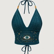 Resim Kadınların Bohem Tarzı Halter Üstü Göz Nakışlı - Derin V Yaka, Ruched Ön, Sırtı Açık Tasarım, Mavi, Tatil veya Rahat Giyim için Mükemmel, Tatil Giyim | Bohem Tarzı | Ruched Dokulu 