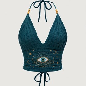 Resim Kadınların Bohem Tarzı Halter Üstü Göz Nakışlı - Derin V Yaka, Ruched Ön, Sırtı Açık Tasarım, Mavi, Tatil veya Rahat Giyim için Mükemmel, Tatil Giyim | Bohem Tarzı | Ruched Dokulu 