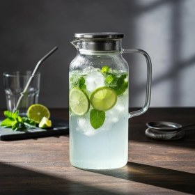 Resim Borosilikat Cam Sürahi - Silikon Contalı Süzgeçli Metal Kapaklı | Konik, Fitilli ve Düz Model Seçenekleri | Dayanıklı Şeffaf Karaf (1800 ml - 2000 Ml) (Düz - 2000ML) 