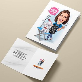 Resim Hayvan Kuaförü Kadın Karikatürlü Tebrik Kartı 