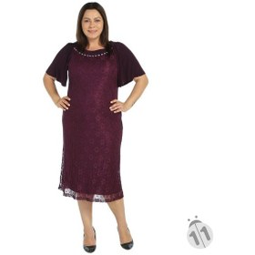 Resim Nidya Moda Büyük Beden Sandy Kombin Dantel Elbise-4026Dym Mürdüm 