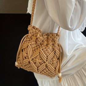Resim Boho Şık Dokuma Hasır Kadın Çapraz Vücut Çantası - Hafif ve Şık Plaj Omuz Çantası Püskül Detaylı, Yaz Tatilleri İçin Mükemmel, Haki Renk, Çok Yönlü ve Fonksiyonel Tasarım 