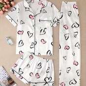 Resim Kadınların Kalp Desenli Saten Rahat Pijama Takımı, Kısa Kollu Düğmeli Yaka Üst & Şort & Pantolon, Rahat Rahat Kesim 