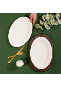 Resim Porsima 4441 Gardenya Porselen Platin Fileli Kayık Tabak Seti - Oval Kahvaltılık Sunumluk Seti 30cm Beyaz 