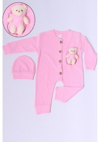 Resim Hçm Bebek Tulum Şapka Hediyeli Düğmeli Ayıcık Detaylı C32 Pembe 