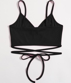 Resim Liona V Yaka Askılı İpli Siyah Renk Fitilli Super Crop Top Büstiyer Siyah 