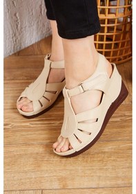 Resim Albishoes Dolgu Topuk 8 Cm Krem Yumuşak Rahat Kadın Sandalet 001 