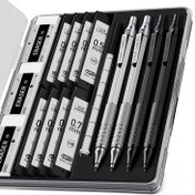 Resim Dört Şeker 4 Adet Metal Mekanik Kalem Seti Kılıf ile, 0.5mm ve 0.7 mm Sanat Kalem ile 8 Tüp (480 adet) HB Kurşun Yedekleri, Yazma Taslağı, Çizim, Siyah ve Gümüş Renkler için 3 Silgi, 9 Silgi Yedekleri 