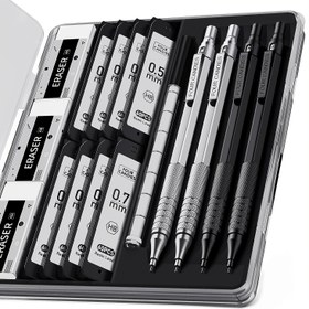 Resim Dört Şeker 4 Adet Metal Mekanik Kalem Seti Kılıf ile, 0.5mm ve 0.7 mm Sanat Kalem ile 8 Tüp (480 adet) HB Kurşun Yedekleri, Yazma Taslağı, Çizim, Siyah ve Gümüş Renkler için 3 Silgi, 9 Silgi Yedekleri 