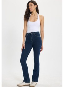Resim Tudors Kadın Regular Fit Klasik Kesim Pamuklu Likralı İspanyol Paça Lacivert Jean Kot Pantolon-50788 