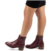 Resim Kadın Hakiki Deri Tokalı Alçak Topuklu Günlük Bot Bordo 