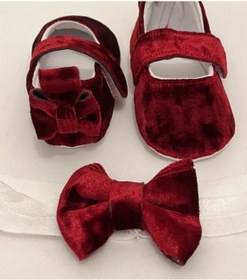 Resim Babytor SARA Bordo Kadife Bebek Ayakkabısı ve Bandana 