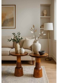 Resim Doğal Masif Ahşap Yan Sehpa Seti 2 Li Meşe Renk Modern Zigon Fiskos - Coffee Table Meşe 