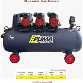Resim Puma 200 Lt Yüksek Verimli Hızlı Yağsız Hava Kompresörü 
