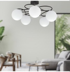 Resim Rodonit 5Li Siyah Krom Beyaz Camlı Modern Sarkıt Genç Odası Yatak Odası Retro Salon Avize 