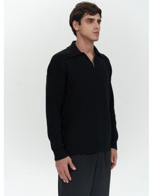 Resim Mai Collection Mai Studios Co. Oberon Polo Yaka Yarım Fermuarlı Siyah Erkek Triko Kazak Siyah 