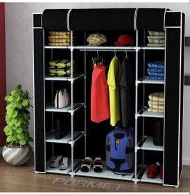 Resim Metal Profil Çift Yandan Raflı ve Askılıklı Bez Dolap - Siyah 