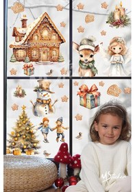 Resim Yeni Yıl Masalı, Sevimli Yılbaşı Figürleri Sticker Seti, Kış Yılbaşı Süsü Sticker Cam Duvar Sticker Dijital Baskı 