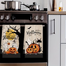 Resim 2'li Set Vintage Cadılar Bayramı Mutfak Havlusu & Çay Bezleri - Ürkütüc Hayalet, Siyah Kedi Yarasalar ve Karıncalar Tasarlanmış Mutlu Halloween Harfleriyle Süslenmiş Desenlemeye Sihirli Şeker Kamışlarıyla Doludur. Pişirmelerde Fırın İçin Temizlikte Super Fine Lif Emici Bulağız Bezi Oluşturulmuş şekilde Makinede yıklanabilirlik özelliği ile siyahta altini kullandığınız mutfak dekorasyonunuz iyi biri olacaktır ürünümüz Retro Tarzdaki Aksesuar 