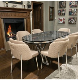 Resim Msy Home 6 Kişilik Aura Krom Serisi İroni Lake Oval Yemek Masası Ve Puffy Cappuccino Sandalye Takımı Modern Cappuccino 