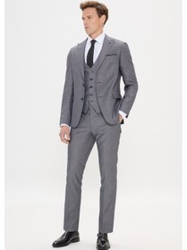 Resim Erkek Grı-sıyah Slim Fit Dar Kesim Kırlangıç Yaka Desenli Yelekli Takım Elbise Gri - Siyah 
