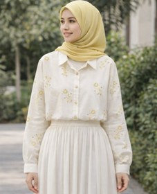 Resim ŞIK VE MUTLU Çiçek İşleme Ham Keten Premium Tesettür Kadın Gömlek 