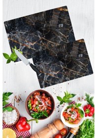 Resim 2'Li Takım Yaldızlı Mermer Desen Görünümlü Takım Cam Kesme Tahtas 