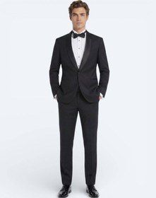 Resim Siyah Düz Slim Fit Şal Yaka Dokuma Smokin Takım Elbise Siyah 