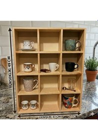 Resim Kupa Rafı Kahve Köşesi Doğal Ahşap 16 Bölmeli 11x11 Cm Kupa Rafı Diğer 