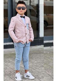Resim Riccotarz Erkek Çocuk Çizgili Blazer Ceket Kot Pantolon Pudra Şeker Alt Üst Takım Pembe 