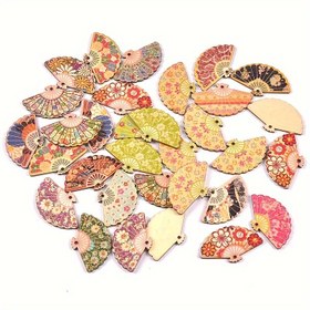 Resim 20 Adet Delikli Vintage Ahşap Fan Süsleri, 4.8cm x 2.95cm, Çok Renkli, El Yapımı Dekoratif Aksesuarlar, Kendin Yap El İşleri İçin 