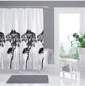 Resim Ağaç Desen Banyo Duş Perdesi-Beyaz Renk Duş Perdesi ve Küvet Perdesi, 180x200 cm Lüx Banyo Perdesi Siyah - Beyaz 