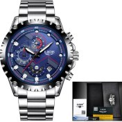 Resim Hanyang Gümüş Mavi Çelik 2022 Lıge Erkekler Izle Moda Kuvars Izle Erkek Üst Marka Lüks Tüm Çelik Iş Su Geçirmez Spor Saat Relogio Masculino + Kutusu (Yurt Dışından) 