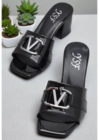 Resim 200v Düz Model 5cm Kadın Topuklu Terlik Ayakkabı Düğün Nişan Abiye Rugan Siyah 