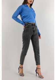 Resim Trendy Kadın Füme Yüksek Bel Yumuşak Dokunuşlu Rahat Kesim Mom Jean Kot Pantolon 
