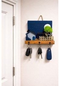 Resim 3 Kancalı Ahşap Ev Temalı Çiçekli Dekoratif Duvar Anahtarlık Askısı-20/17 Cm - 